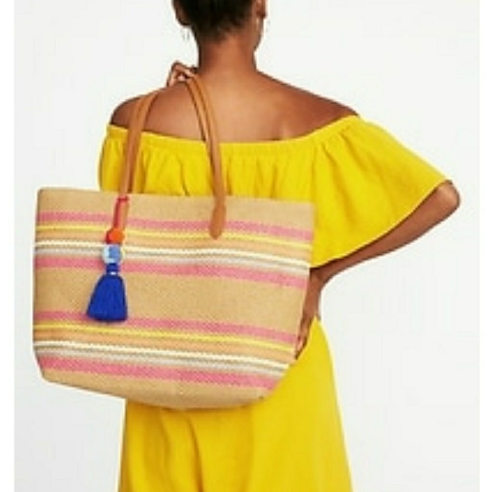 Striped Straw Pom-pom Tassle Tote